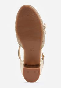 Born2be - Złote Eleganckie Sandały Czółenka na Słupku z Brokatem i Kwiatową Aplikacją Maennes. Okazja: na uczelnię, na imprezę. Zapięcie: pasek. Kolor: złoty. Wzór: aplikacja, kwiaty. Styl: elegancki #5