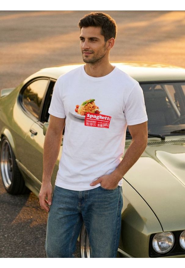 Sinsay - Bawełniana koszulka z nadrukiem - biały. Kolor: biały. Materiał: bawełna. Wzór: nadruk