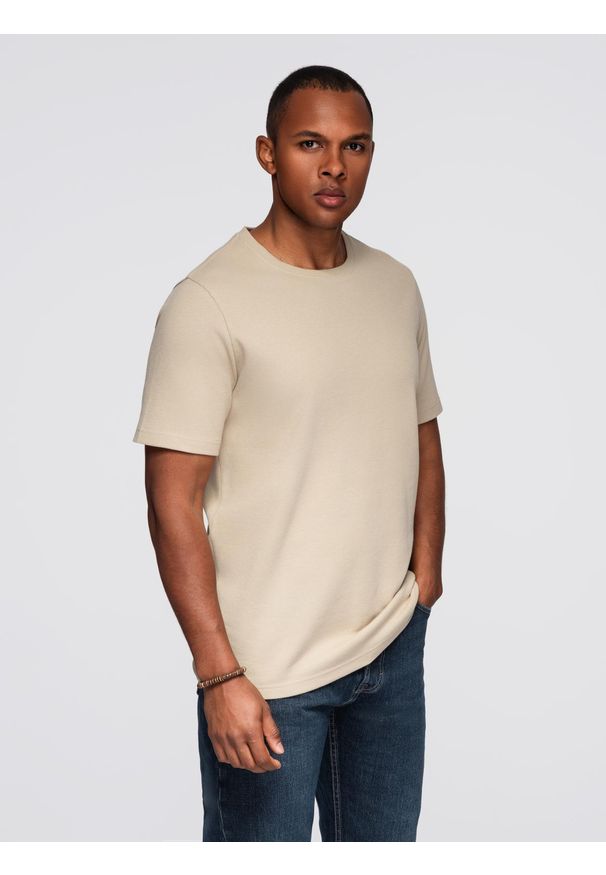 Ombre Clothing - Męska koszulka o waflowej strukturze z okrągłym dekoltem – piaskowa V2 - Rozmiar: L. Okazja: na co dzień. Materiał: bawełna. Styl: casual