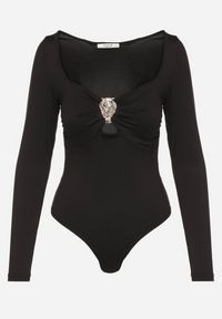 Born2be - Czarne Body Ozdobione Metaliczną Aplikacją Furriva. Okazja: na imprezę, na co dzień. Kolor: czarny. Wzór: aplikacja. Styl: casual, klasyczny, elegancki, glamour