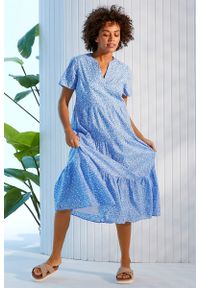 Cellbes - Sukienka z falbankami z bawełny ekologicznej. Typ kołnierza: kołnierz z falbankami. Kolor: niebieski. Materiał: bawełna. Długość rękawa: krótki rękaw