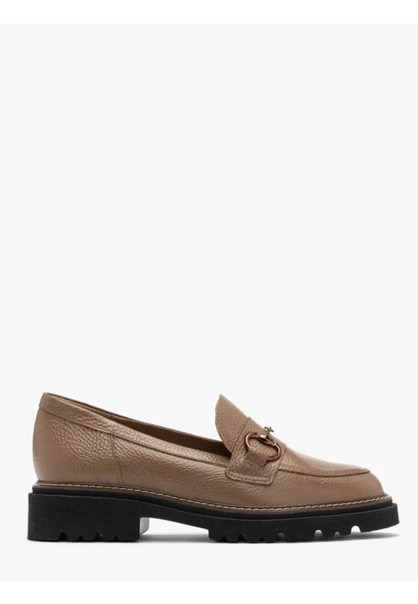 Ryłko - Mokasyny damskie w kolorze kawowym z ozdobą. Nosek buta: okrągły. Kolor: brązowy. Materiał: skóra. Wzór: aplikacja. Styl: street