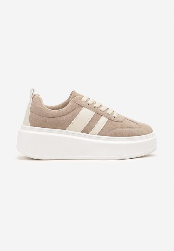 Born2be - Ciemnobeżowe Sneakersy Kultowe Tenisówki na Platformie z Koturnem Elisara. Nosek buta: okrągły. Zapięcie: sznurówki. Kolor: beżowy. Materiał: materiał. Obcas: na koturnie. Wysokość obcasa: niski