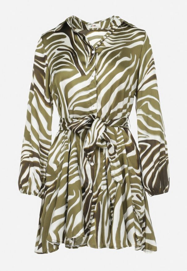 Born2be - Ciemnozielona Sukienka Koszulowa z Wiązanym Paskiem Irei. Kolor: zielony. Materiał: materiał. Długość rękawa: długi rękaw. Wzór: nadruk, motyw zwierzęcy. Typ sukienki: koszulowe