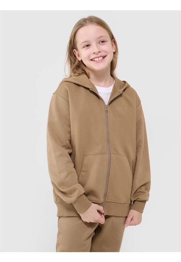 4f - 4F Bluza dresowa rozpinana z kapturem dziewczęca - beżowa 164 (13-14 lat). Okazja: na co dzień. Typ kołnierza: kaptur. Kolor: beżowy. Materiał: dresówka. Wzór: gładki, ze splotem. Sezon: lato. Styl: casual, sportowy