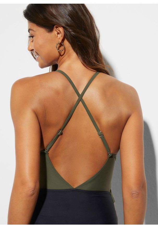 bonprix - Kostium kąpielowy z wycięciem i falbankami. Kolor: zielony