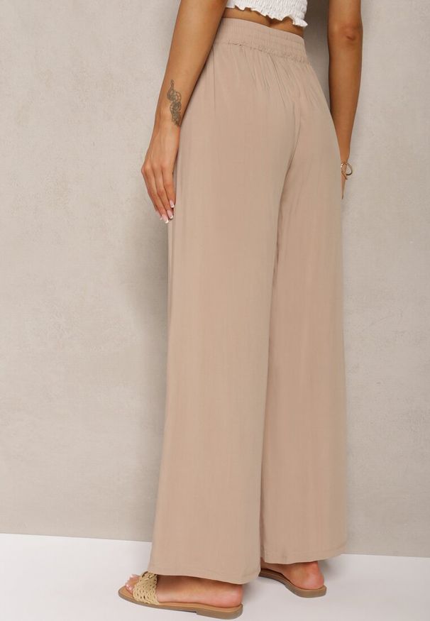 Renee - Beżowe Bawełniane Spodnie Palazzo High Waist z Gumką w Pasie Gitanea. Okazja: na co dzień. Stan: podwyższony. Kolor: beżowy. Materiał: bawełna. Sezon: lato. Styl: elegancki, casual
