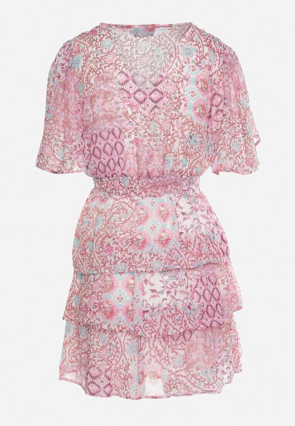 Born2be - Różowa Rozkloszowana Sukienka z Gumką w Talii i Falbankami Pimeria. Okazja: na co dzień. Typ kołnierza: kołnierz z falbankami. Kolor: różowy. Długość rękawa: krótki rękaw. Typ sukienki: proste. Styl: casual