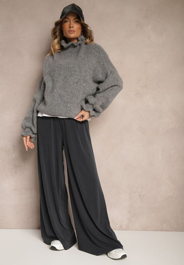 Renee - Granatowe Szerokie Spodnie High Waist z Gumką w Talii Dimoris. Okazja: na co dzień. Stan: podwyższony. Kolor: niebieski. Styl: casual, elegancki