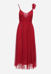 Born2be - Czerwona Sukienka na Ramiączkach z Gumką w Talii i Falbanką Watalia. Okazja: na imprezę. Kolor: czerwony. Materiał: materiał. Długość rękawa: na ramiączkach. Sezon: lato #3