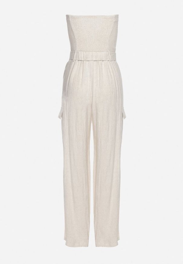 Born2be - Jasnobeżowy Kombinezon Zwężany w Talii Lnem i Wiskozą Qurefia. Okazja: na co dzień. Kolor: beżowy. Materiał: wiskoza, len. Długość: długie. Styl: casual, elegancki