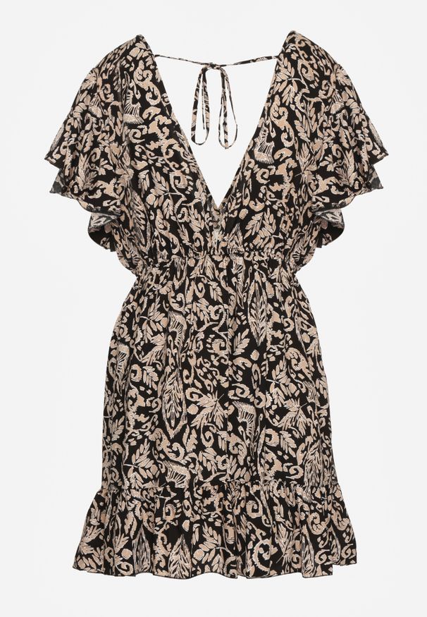 Renee - Czarno-Beżowa Sukienka z Bawełny o Rozkloszowanym Kroju Ozdobiona Falbanami i Gumką w Talii Neliaura. Okazja: na co dzień, na imprezę. Typ kołnierza: dekolt w kształcie V. Kolor: czarny. Materiał: bawełna. Wzór: aplikacja. Sezon: lato. Typ sukienki: proste, rozkloszowane. Styl: elegancki, casual