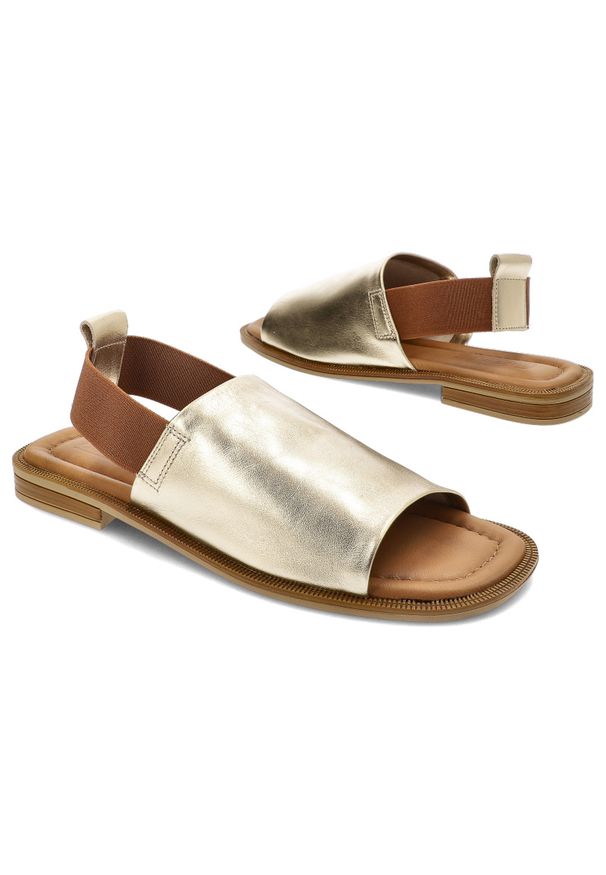 Złote Sandały Artiker Modne Obuwie Damskie. Okazja: na co dzień. Zapięcie: pasek. Kolor: złoty. Materiał: skóra. Wzór: paski. Sezon: lato. Styl: casual, wizytowy