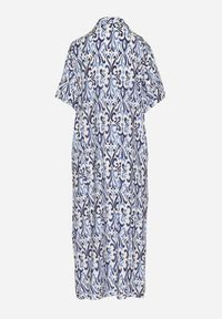 Born2be - Niebieska Sukienka z Wiskozy o Pudełkowym Kroju w Ornamentalny Wzór Ridisa. Okazja: na co dzień, na imprezę. Typ kołnierza: dekolt w kształcie V. Kolor: niebieski. Materiał: wiskoza. Długość rękawa: krótki rękaw. Typ sukienki: proste. Styl: casual, elegancki #4