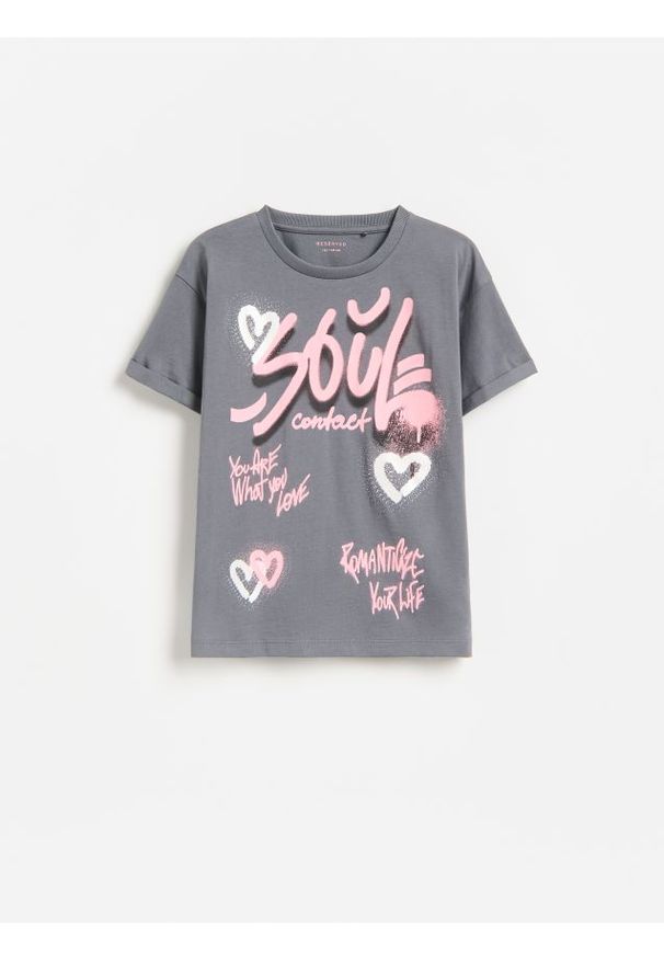 Reserved - T-shirt z nadrukiem - ciemnoszary. Kolor: szary. Materiał: bawełna. Wzór: nadruk