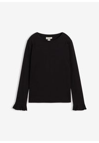 bonprix - Bluzka z długim rękawem z elastycznej mieszanki bawełny organicznej. Typ kołnierza: kołnierz z falbankami. Kolor: czarny. Materiał: bawełna. Długość rękawa: długi rękaw. Długość: długie #1