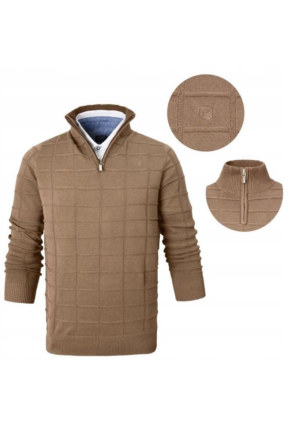 Elegancki Sweter Męski (Zamek) - Pako Jeans - Wysoki Dekolt, Kawa z Mlekiem. Kolor: brązowy, wielokolorowy, beżowy. Materiał: bawełna. Styl: elegancki