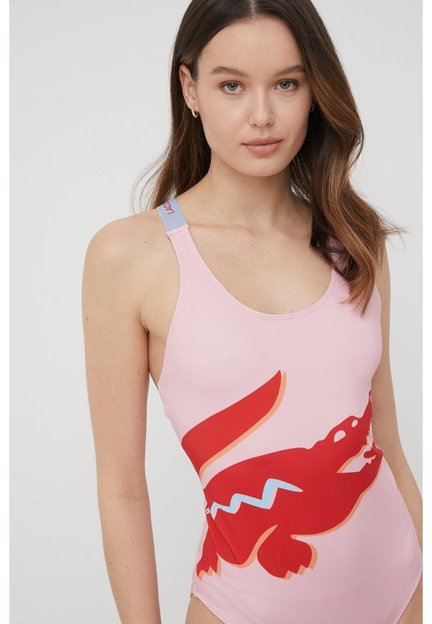 Lacoste strój kąpielowy kolor fioletowy miękka miseczka. Kolor: fioletowy. Materiał: poliester. Wzór: nadruk
