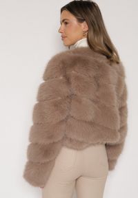 Born2be - Ciemnobeżowa Krótka Kurtka z Futerkiem na Haftki Loreinda. Okazja: na co dzień. Kolor: beżowy. Materiał: futro. Długość: krótkie. Styl: casual, elegancki #3