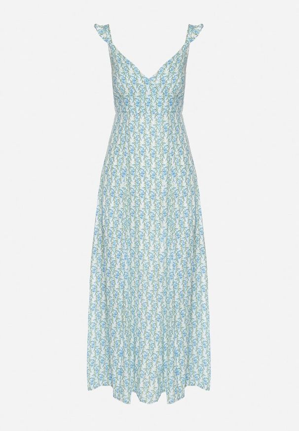 Born2be - Niebieska Wiskozowa Sukienka w Kwiaty z Ozdobnymi Falbankami Redele. Okazja: na spacer, na co dzień. Typ kołnierza: kołnierz z falbankami. Kolor: niebieski. Materiał: wiskoza. Długość rękawa: na ramiączkach. Wzór: kwiaty. Typ sukienki: proste. Styl: casual, klasyczny