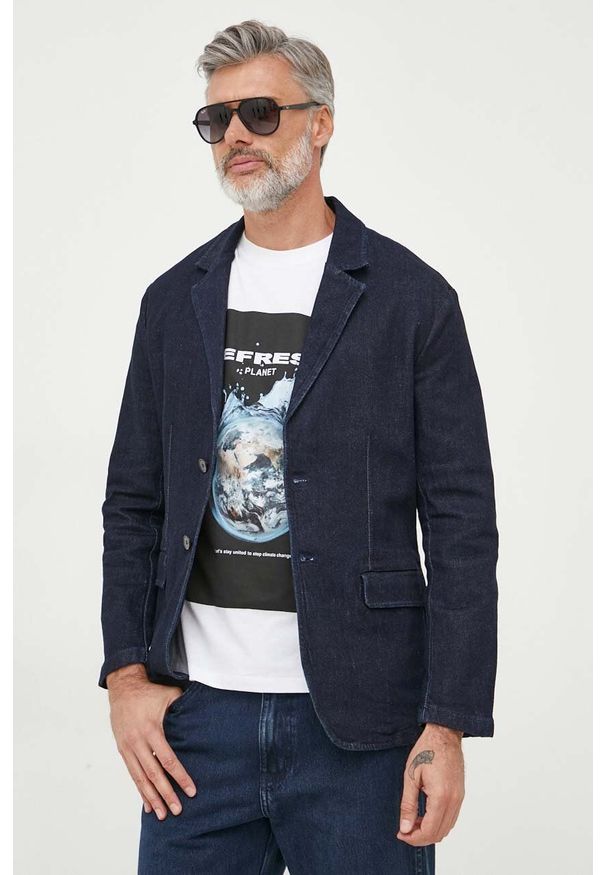 Sisley marynarka jeansowa kolor granatowy. Kolor: niebieski. Materiał: jeans. Wzór: aplikacja. Styl: klasyczny