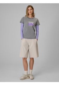 4f - 4F T-shirt regular z nadrukiem damski - szary L. Okazja: na co dzień, na plażę. Kolor: szary. Materiał: materiał, bawełna, dzianina. Wzór: nadruk. Sezon: lato. Styl: wakacyjny, casual, klasyczny, sportowy #2