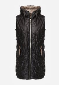 Renee - Czarna Długa Kamizelka Pikowana z Nieodpinanym Kapturem Semaea. Kolor: czarny. Materiał: prążkowany, jeans. Długość: długie. Styl: street #8