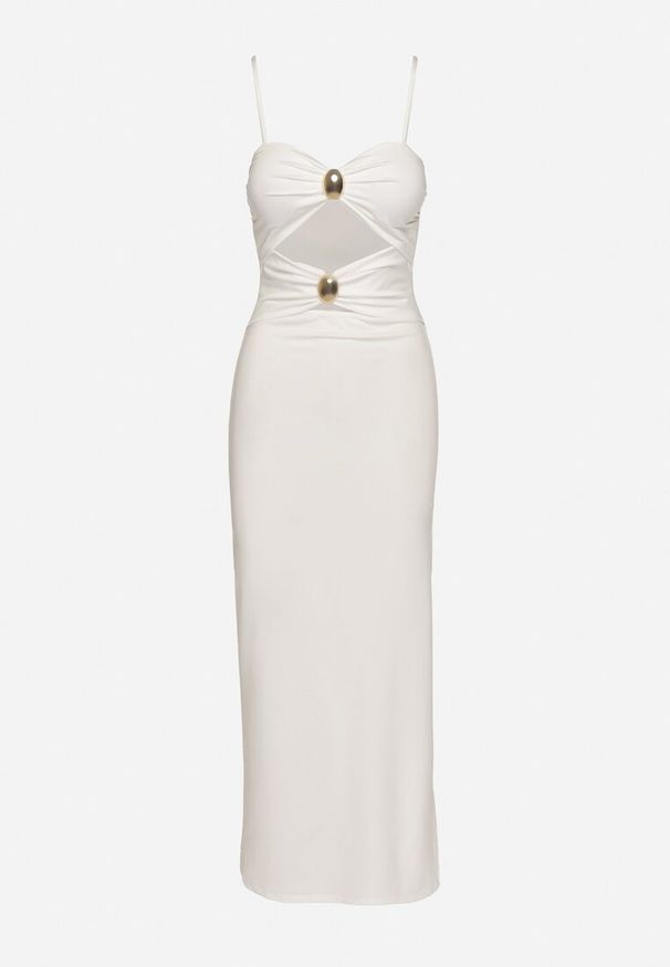 Born2be - Biała Sukienka Dopasowana na Ramiączkach z Wycięciami pod Biustem i Metalowymi Detalami Galentia. Okazja: na co dzień. Kolor: biały. Długość rękawa: na ramiączkach. Styl: casual, klasyczny