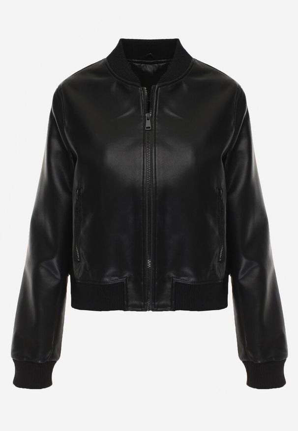 Renee - Czarna Kurtka Przejściowa Typu Bomber Jacket z Imitacji Skóry Izaria. Kolor: czarny. Materiał: skóra. Styl: elegancki