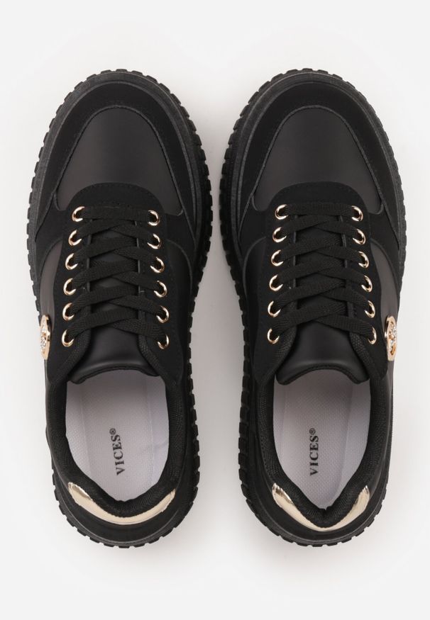 Born2be - Czarne Sneakersy VICES na Żłobionej Podeszwie Zdobione Elegancką Aplikacją Lunatea. Okazja: na co dzień. Kolor: czarny. Materiał: jeans. Wzór: aplikacja