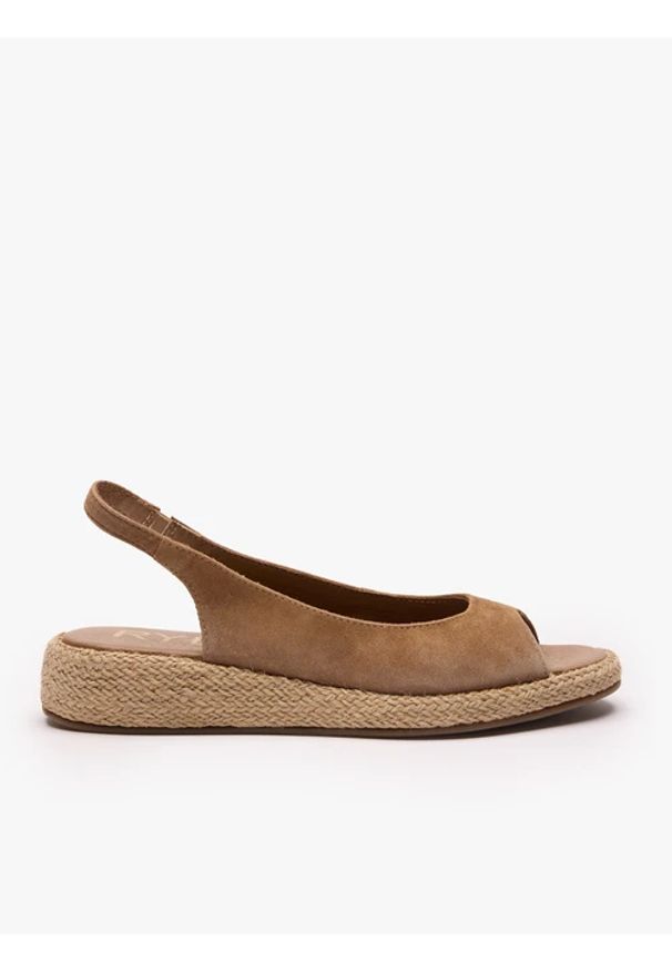 Ryłko - Jasnobrązowe wsuwane sandały. Okazja: na co dzień. Nosek buta: okrągły. Zapięcie: bez zapięcia. Kolor: brązowy. Materiał: skóra, welur. Sezon: lato. Obcas: na koturnie. Styl: casual, street, klasyczny, wakacyjny