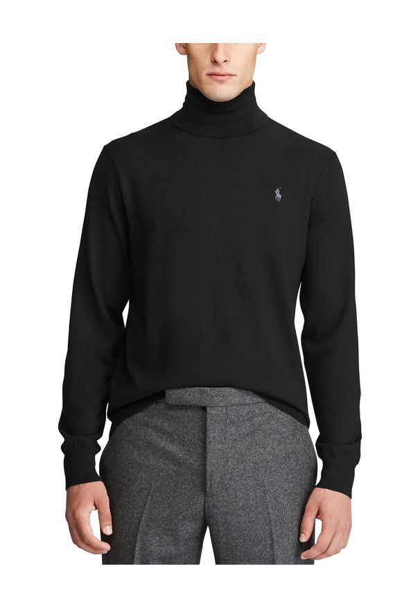 Ralph Lauren - RALPH LAUREN - Czarny golf z wełny merino. Typ kołnierza: golf. Kolor: czarny. Materiał: wełna. Długość rękawa: długi rękaw. Długość: długie. Wzór: haft. Styl: klasyczny