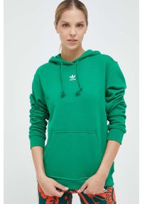 adidas Originals bluza bawełniana damska kolor zielony z kapturem gładka. Typ kołnierza: kaptur. Kolor: zielony. Materiał: bawełna. Wzór: gładki #1