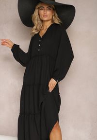 Renee - Czarna Rozkloszowana Sukienka Maxi z Falbankami i Kołnierzykiem Rehtima. Typ kołnierza: kołnierz z falbankami. Kolor: czarny. Długość: maxi #4