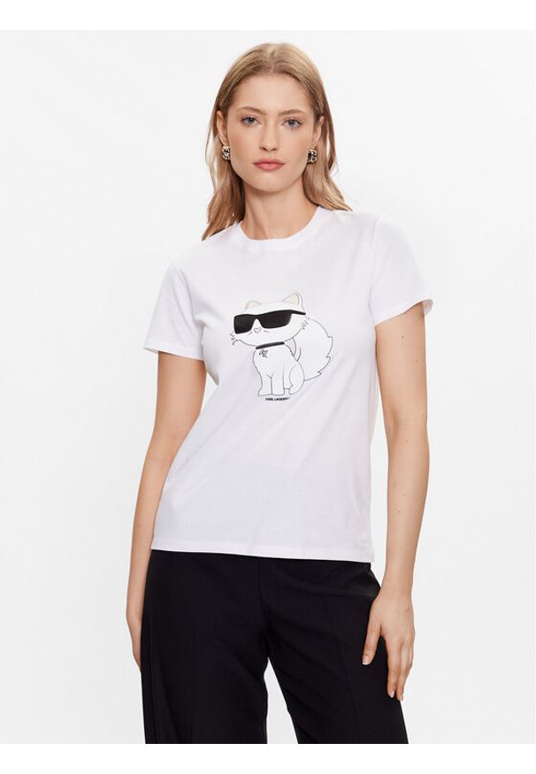 Karl Lagerfeld - KARL LAGERFELD T-Shirt Ikonik 2.0 Choupette 230W1703 Biały Regular Fit. Typ kołnierza: dekolt w karo. Kolor: biały. Materiał: bawełna