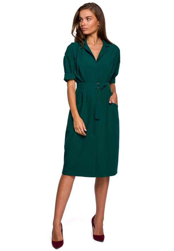 MOE - Sukienka Szmizjerka z Dużymi Kieszeniami - Zielona. Kolor: zielony. Materiał: poliester, elastan, wiskoza. Typ sukienki: szmizjerki