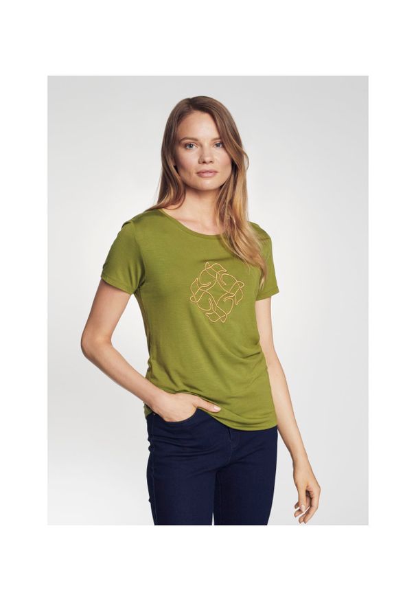 Ochnik - T-shirt damski khaki z wilgą. Kolor: zielony. Materiał: wiskoza. Wzór: aplikacja