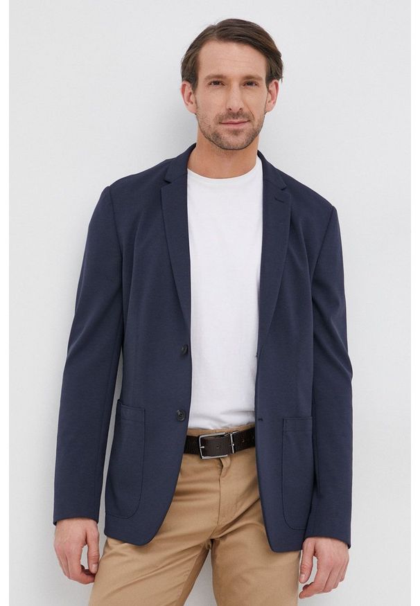 Calvin Klein Marynarka męska kolor granatowy. Okazja: na co dzień. Kolor: niebieski. Materiał: włókno. Styl: klasyczny, casual
