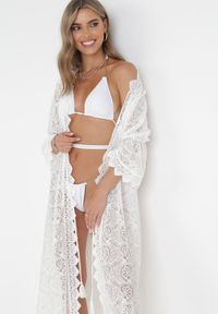 Born2be - Biały Koronkowy Kardigan Narzutka w Stylu Boho Michaia. Okazja: na plażę. Kolor: biały. Materiał: koronka. Styl: boho #5