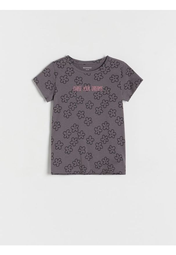 Reserved - Bawełniany t-shirt we kwiatki - ciemnoszary. Kolor: szary. Materiał: bawełna. Wzór: kwiaty
