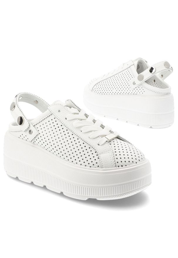 Klapki damskie S.Barski, ze skóry naturalnej licowej ażurowa cholewka platforma sznurowane styl casual, białe, LR61-7088. Okazja: na co dzień. Kolor: biały. Materiał: skóra. Wzór: ażurowy. Sezon: lato. Obcas: na platformie. Styl: casual