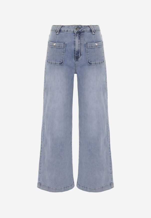 Born2be - Niebieskie Jeansy Szerokie z Wysokim Stanem z Ozdobnymi Kieszonkami Phinis. Okazja: na co dzień. Stan: podwyższony. Kolor: niebieski. Styl: casual, elegancki