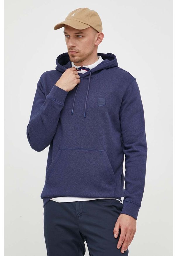 BOSS Orange - BOSS bluza bawełniana BOSS ORANGE męska kolor granatowy z kapturem gładka. Typ kołnierza: kaptur. Kolor: niebieski. Materiał: bawełna. Wzór: gładki