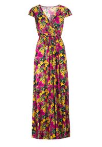 Born2be - Żółto-Różowa Sukienka Oceshi. Typ kołnierza: kokarda, kołnierz z falbankami. Kolor: żółty. Materiał: materiał. Wzór: kwiaty. Typ sukienki: kopertowe. Długość: maxi #5