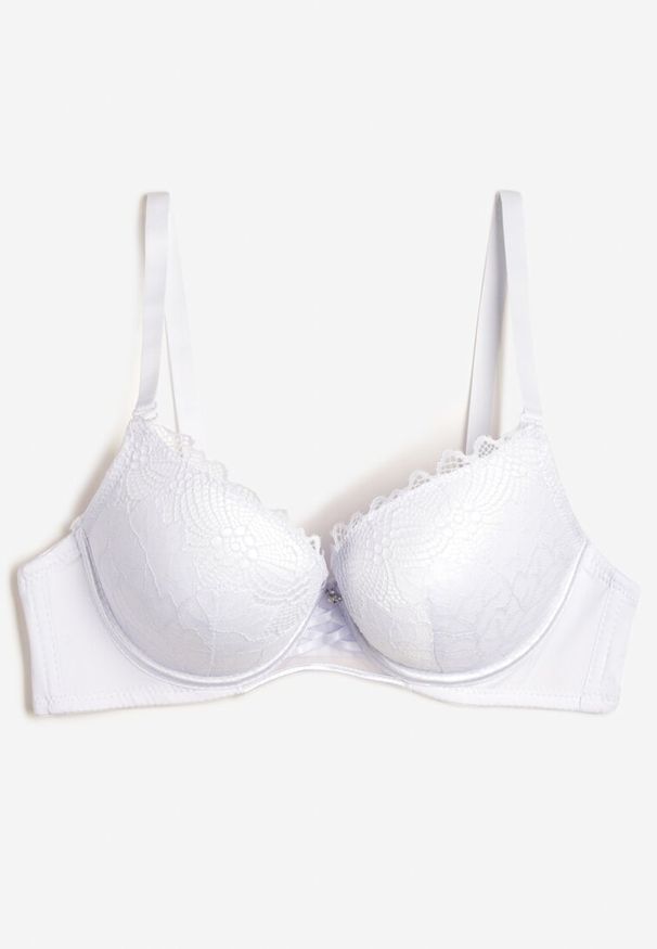 Renee - Biały Biustonosz Push Up z Ozdobną Koronką i Zawieszką Gialine. Kolor: biały. Materiał: koronka. Rodzaj stanika: push-up. Wzór: koronka
