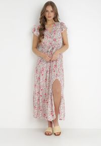 Born2be - Beżowo-Czerwona Sukienka Rhenosyne. Okazja: na co dzień. Kolor: beżowy. Materiał: materiał. Wzór: kolorowy, kwiaty. Sezon: lato. Typ sukienki: kopertowe, rozkloszowane. Styl: casual. Długość: maxi #1