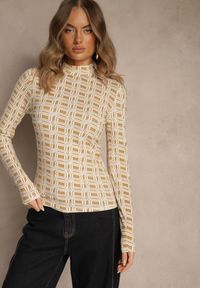 Renee - Biało-Beżowa Bluzka Longsleeve z Golfem z Bawełny w Geometryczny Print Zadanevia. Okazja: na spacer, na co dzień. Typ kołnierza: golf. Kolor: biały. Materiał: bawełna. Długość rękawa: długi rękaw. Wzór: geometria, nadruk. Styl: elegancki, casual #3