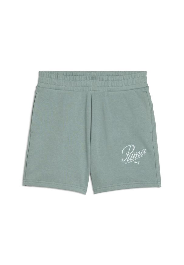 Puma - Damskie szorty z wysokim stanem ESS SCRIPT 5" PUMA Green Moon. Stan: podwyższony. Kolor: zielony