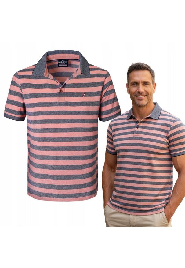 Bawełniana, Męska Koszulka Polo - Pako Jeans - Łososiowe Pasy. Okazja: na co dzień. Typ kołnierza: polo. Kolor: różowy. Materiał: bawełna. Wzór: prążki, paski. Styl: casual