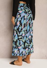 Renee - Czarno-Niebieskie Spodnie z Wiskozy High Waist z Gumką w Pasie Alaqinta. Okazja: na co dzień. Stan: podwyższony. Kolor: czarny. Materiał: wiskoza. Styl: elegancki, casual #4